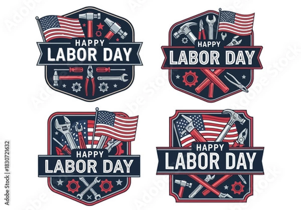 Fototapeta Vector illustration of set of four happy labor day emblems featuring various construction tool icons and american flag illustration