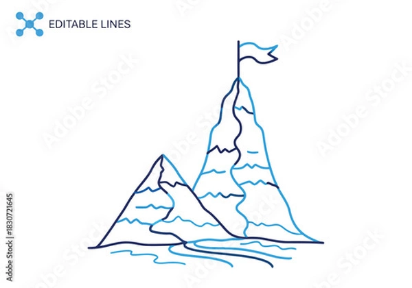 Fototapeta Vector illustration of hand drawn line art illustration of two mountain peaks with a flag on top, representing achievement and success