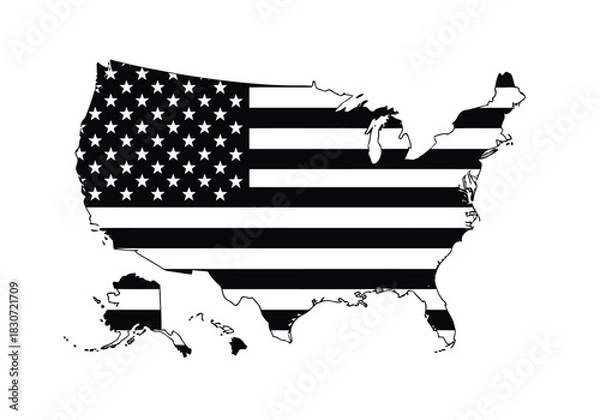 Fototapeta Vector illustration of black and white silhouette map of the contiguous united states filled with the american flag pattern