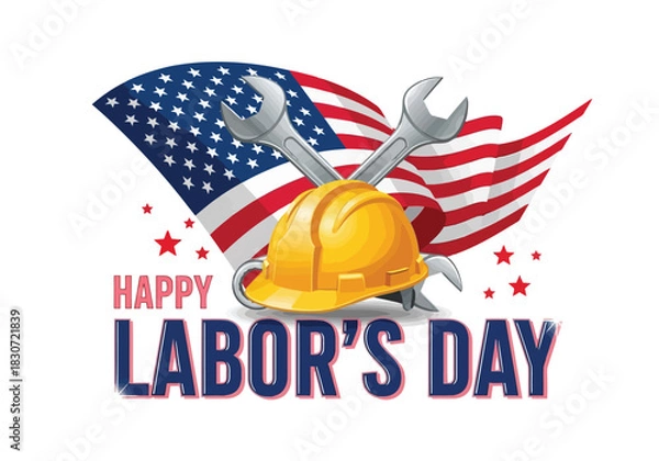 Fototapeta Vector illustration of happy labor day greeting with yellow hard hat, crossed wrenches, and waving american flag illustration