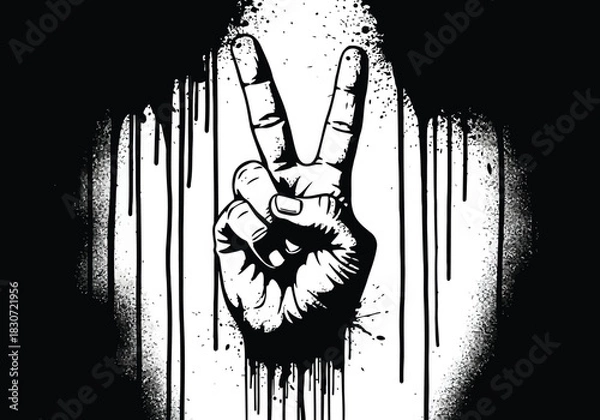 Fototapeta Vector illustration of black and white grunge illustration of a hand making the peace or victory sign with dripping paint effect against a dark background