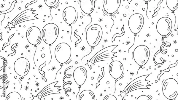 Fototapeta Vector illustration of seamless black and white doodle pattern of hand drawn balloons, shooting stars, and confetti for a festive celebration background
