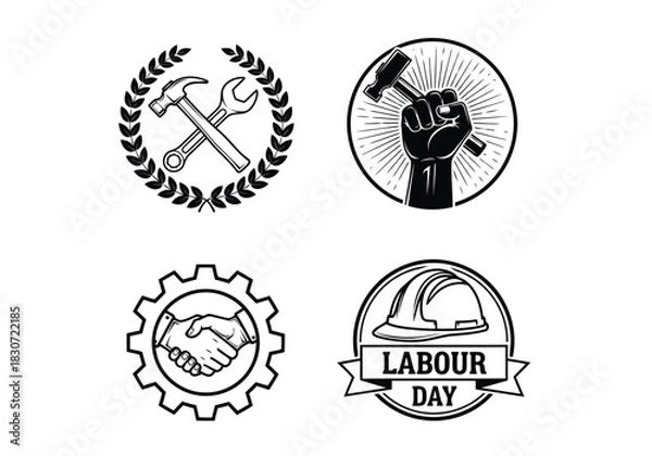 Fototapeta Vector illustration of set of four black and white labor day icons including crossed hammer and wrench, raised fist with hammer, handshake in gear, and hard hat emblem
