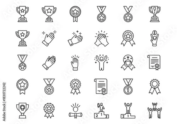 Fototapeta Vector illustration of collection of hand drawn line icon set representing achievement, award, trophy, medal, success, victory, and applause