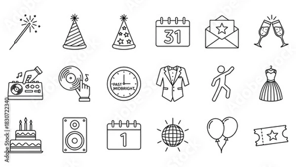 Fototapeta Vector illustration of set of hand drawn doodle icons representing new year party celebration elements like sparkler, hat, calendar, champagne, clock, and cake