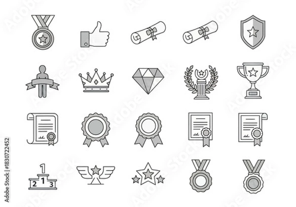 Fototapeta Vector illustration of set of line icon symbols representing achievement, award, success, victory, and competition element in monochrome style