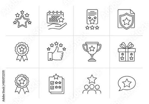 Fototapeta Vector illustration of collection of line icon set representing rating, review, award, achievement, quality, feedback, and customer satisfaction concept