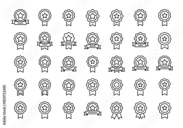 Fototapeta Vector illustration of set of thirtytwo black line art award badge and ribbon icons with star shape, perfect for quality or achievement representation