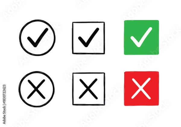 Fototapeta Vector illustration of set of hand drawn check mark and cross symbols in circle and square shapes