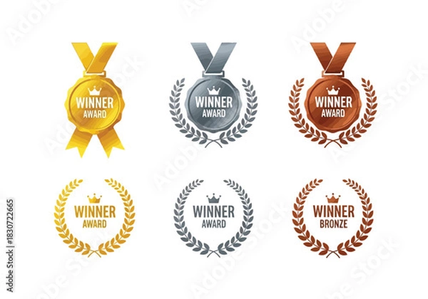 Fototapeta Vector illustration of set of six winner award medal icons in gold, silver, and bronze colors with laurel wreath design