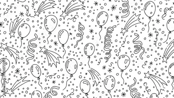 Fototapeta Vector illustration of seamless hand drawn doodle pattern of balloons, confetti, stars, and streamers for a festive celebration or birthday party background design