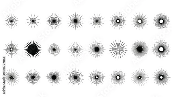 Fototapeta Vector illustration of collection of various black and white starburst, sunburst, and explosion shapes
