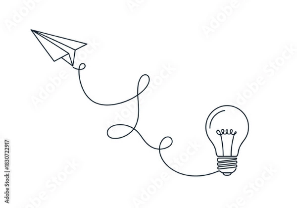 Fototapeta Vector illustration of minimalist continuous line drawing of a paper airplane flying towards a light bulb, symbolizing idea generation and creativity