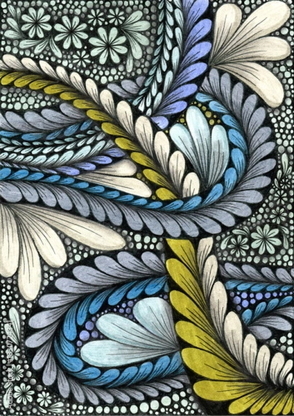 Obraz A dense and detailed abstract ornament reminiscent of a fantastical weave of leaves and flowers. The composition consists of two large, intertwined spiral bands filled with small, curved elements.