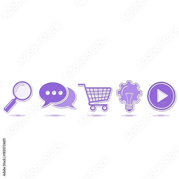 Fototapeta Minimalist purple line icons depicting search, communication, commerce and innovation concept
