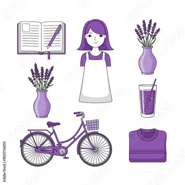 Fototapeta Whimsical Lavender Themed Still Life Composition featuring a Bike and Everyday Objects