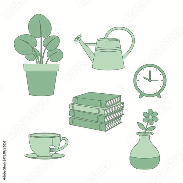 Fototapeta Delicate pastel green illustration depicting everyday objects for a cozy and peaceful atmosphere