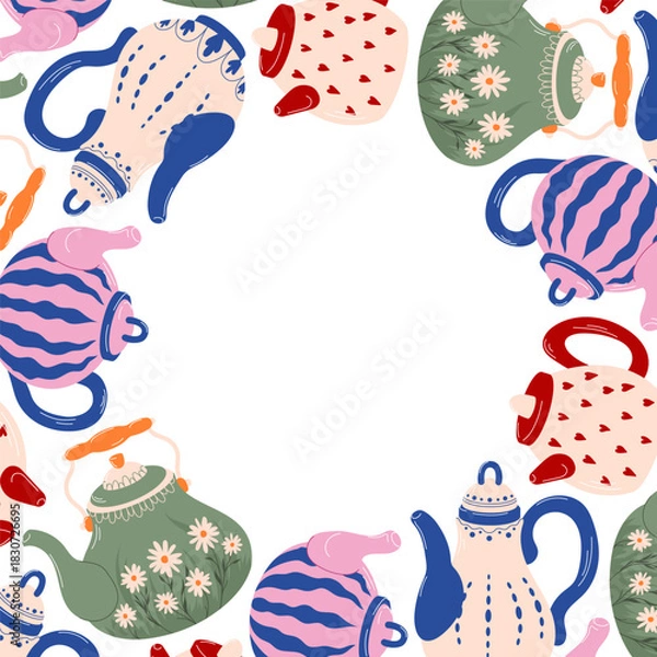 Fototapeta Wreath of colorful teapots with heart, stripe, floral and elegant pattern in flat style. Perfect for tea card menu or kitchen decoration isolated on a white background.