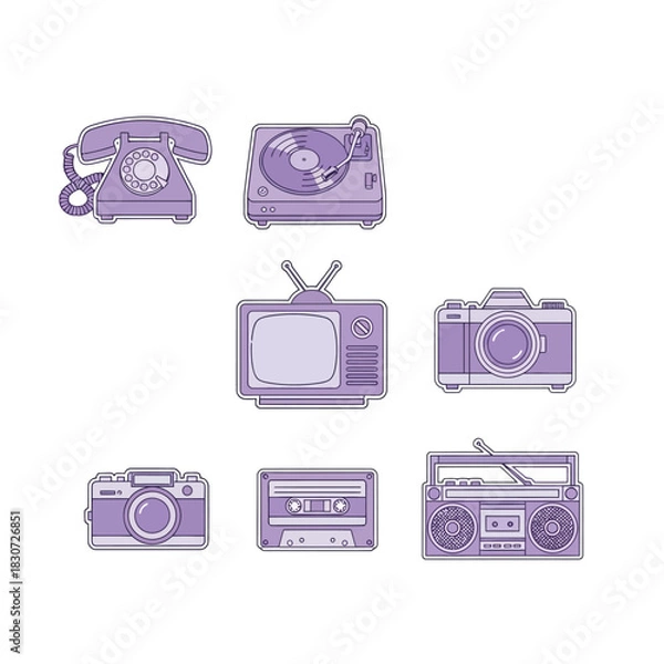Fototapeta Vintage Communication and Entertainment Devices in Muted Purple Tones, evoking Nostalgia