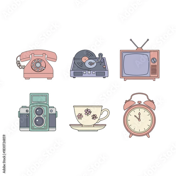 Fototapeta Nostalgic charm of vintage devices in a whimsical line art composition evoking retro vibes