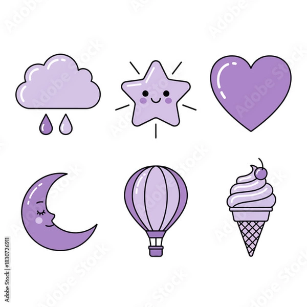 Fototapeta Whimsical pastel icons for childlike designs conveying joyful concepts like dreaming and sweetness