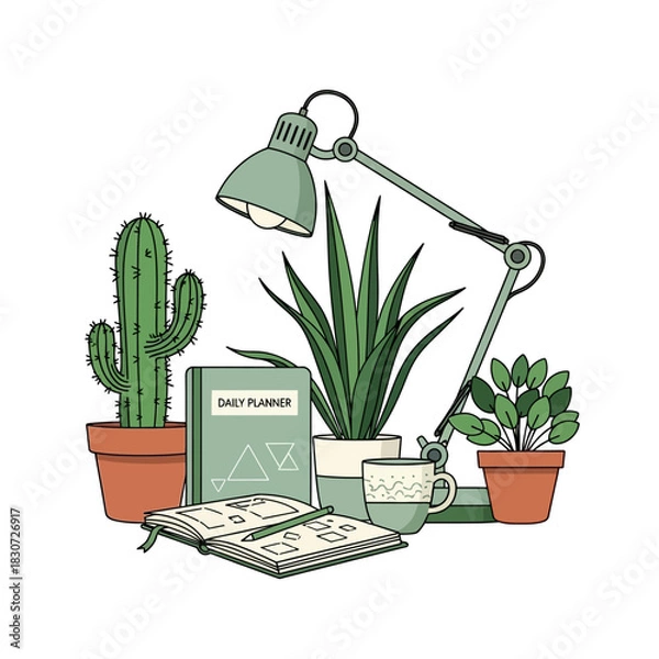 Fototapeta Cozy workspace illustration with plants lamp and planner for focused productivity sessions