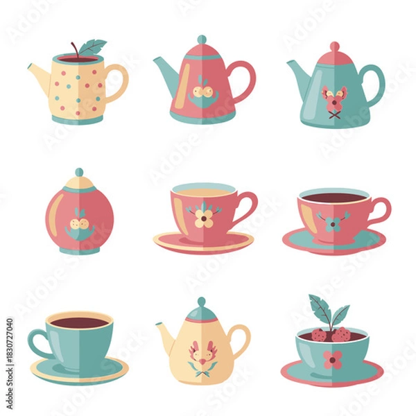 Fototapeta Collection of Whimsical Tea Vessels in Pastel Tones for Decorative and Culinary Applications