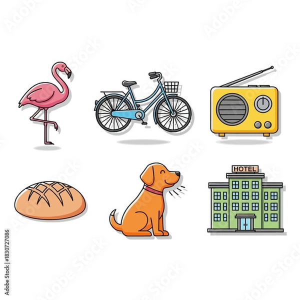 Fototapeta Whimsical assorted icon set featuring flamingo, bicycle, radio, loaf, dog and hotel