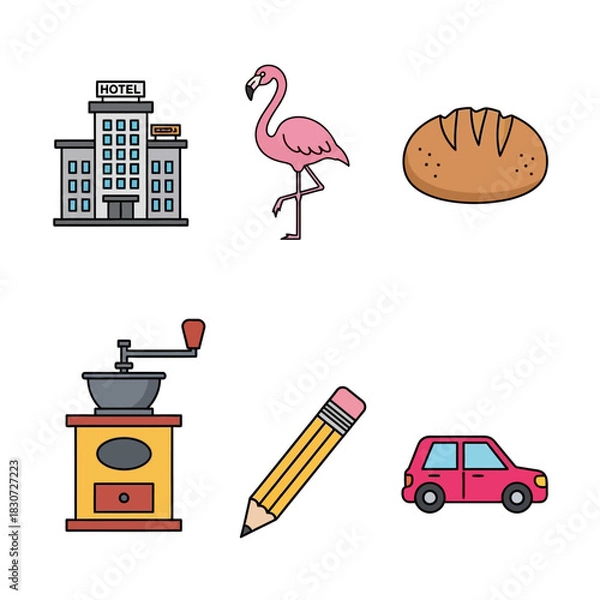 Fototapeta A vibrant collection of icons depicting lodging, wildlife, baking, and transportation