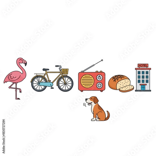 Fototapeta Illustrative Collage Displaying an Array of Objects with Simplified Line Art Style