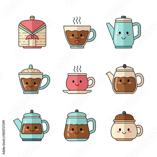 Fototapeta Animated teacups and pots on a white background ideal for tea lover designs