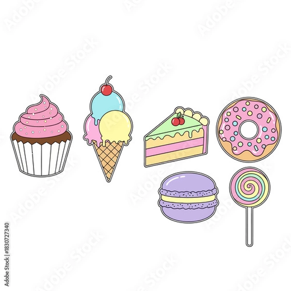 Fototapeta Colorful confectionery assortment: a whimsical collection of delightful treats and sweet icons