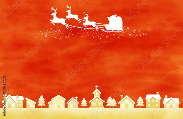 Obraz 赤い空とサンタのシルエットが描かれたクリスマス背景