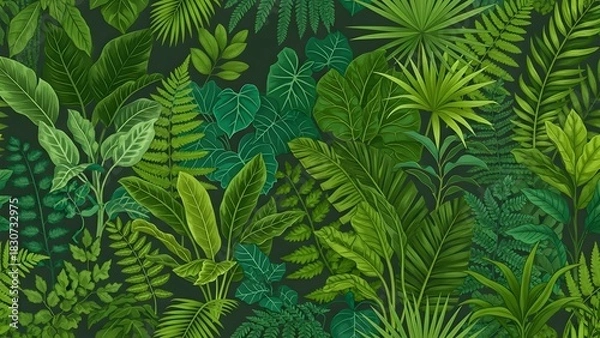 Fototapeta Dense tropical foliage pattern featuring various green leaves and plants on a dark background