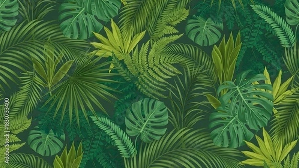 Fototapeta Tropical leaf pattern featuring monstera, palm, and fern foliage in various shades of green