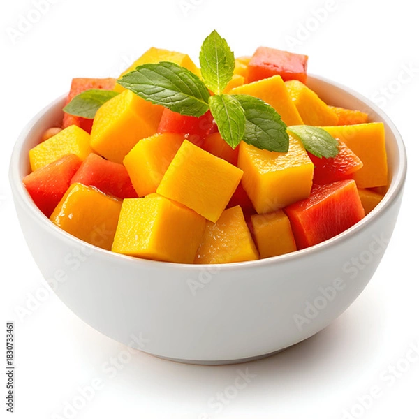 Fototapeta A white bowl filled with cubed mango and watermelon garnished with fresh mint leaves on top