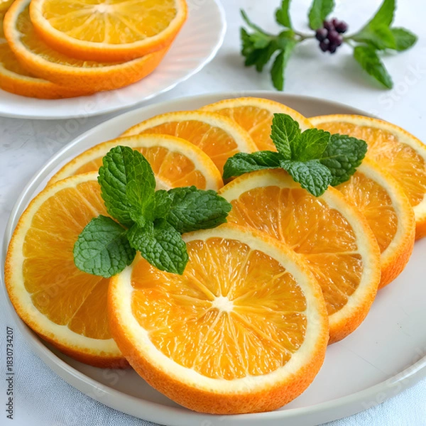 Fototapeta Close up of orange slices on a plate garnished with mint leaves and a sprig of green leaves