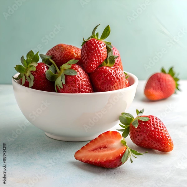 Fototapeta A white bowl filled with fresh strawberries and some strawberries scattered on the surface near it