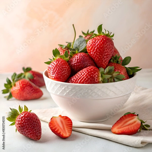Fototapeta A white bowl filled with fresh strawberries and some strawberries on a white surface nearby it