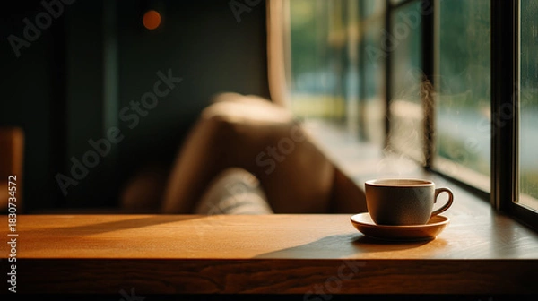 Obraz 居心地の良いカフェの窓際テーブルに置かれた淹れたてのコーヒーをリアルに描いたAI生成画像