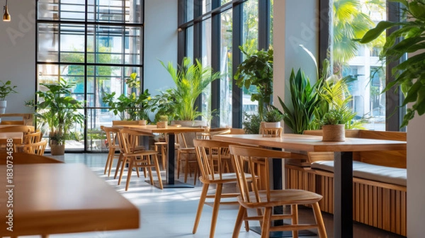 Obraz 大きな窓のスタイリッシュカフェ店内に置かれたモダンインテリアと観葉植物をリアルに描いたAI生成画像