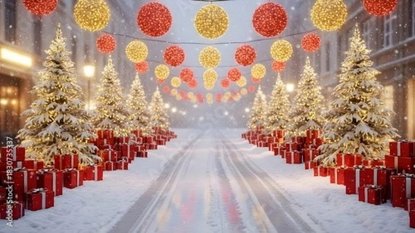 Fototapeta Snow-covered street lined with illuminated Christmas trees and gift boxes under hanging festive lights
