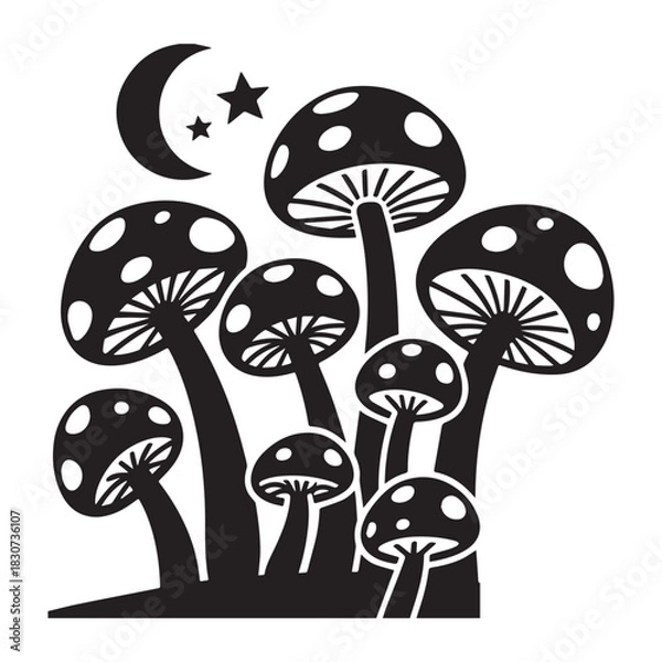 Obraz Black and White Silhouette Vector of Mystical Mushrooms with Moon and Stars.