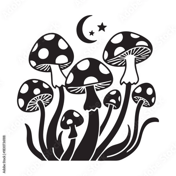 Fototapeta Black and White Silhouette Vector of Mystical Mushrooms with Moon and Stars.