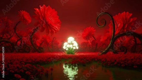 Fototapeta A surreal red landscape with glowing white flowers and twisted vines reflected in water