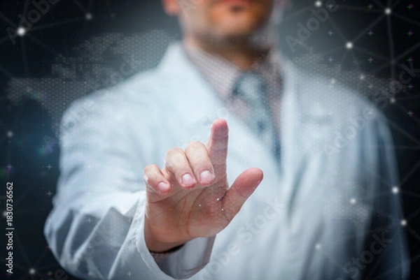 Obraz Doctor hand reaching toward digital medical background. Concept of healthcare innovation, global medicine, diagnostics and telehealth.