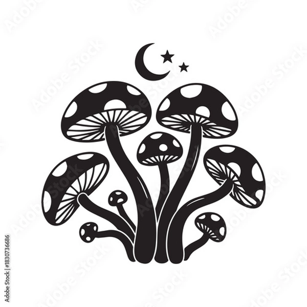 Fototapeta Black and White Silhouette Vector of Mystical Mushrooms with Moon and Stars.