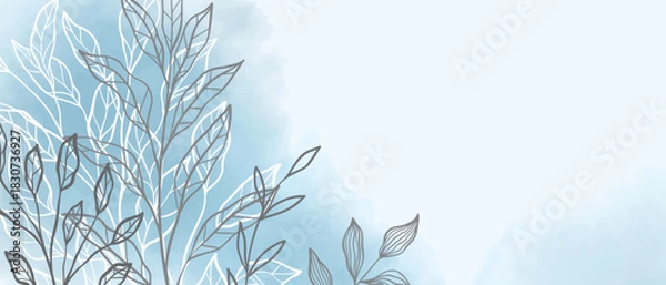 Fototapeta Abstract art background vector. Luxury minimal style wallpaper with Blue Branch and botanical leaves, Organic shapes, Watercolor. Vector background for banner, poster, Web and packaging