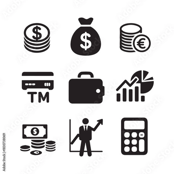 Obraz Black Silhouette Vector Icons for Finance, Business, Banking, and Investment.