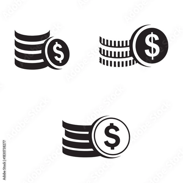 Obraz Black Silhouette Vector Icons of Stacked Dollar Coins for Finance and Banking.
